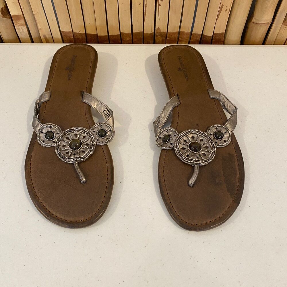 Faded Glory Women’s Thong Sandals Size 10 Brown Silver Beaded Flat Shoes